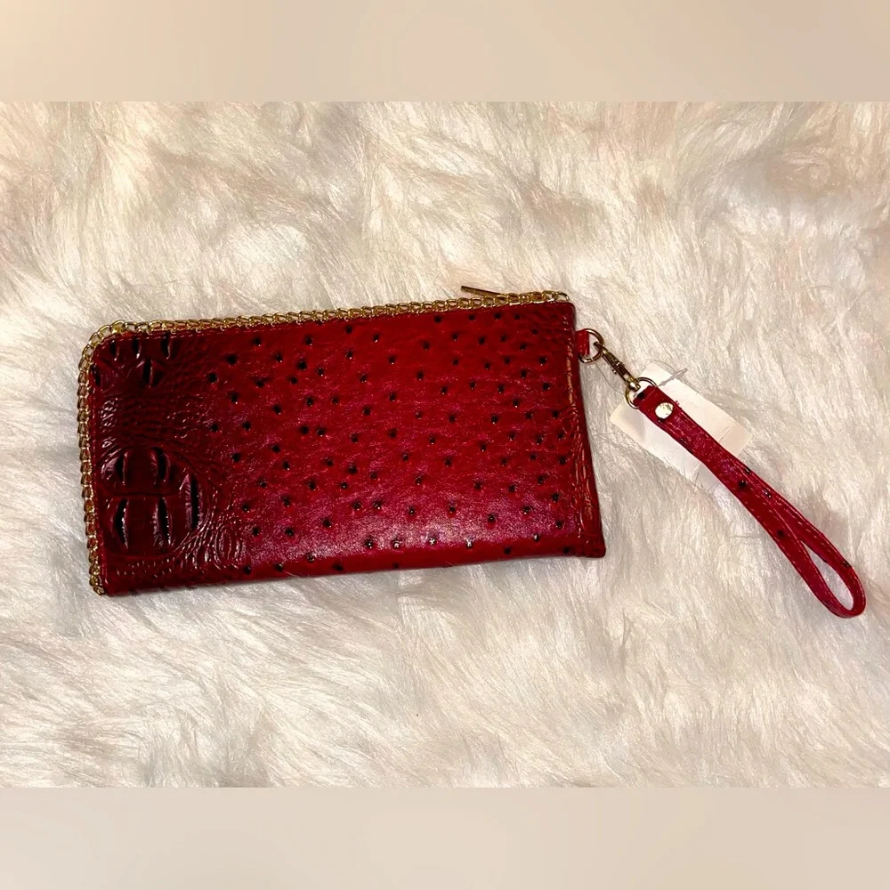 Red Ostrich Faux Leather Wristlet